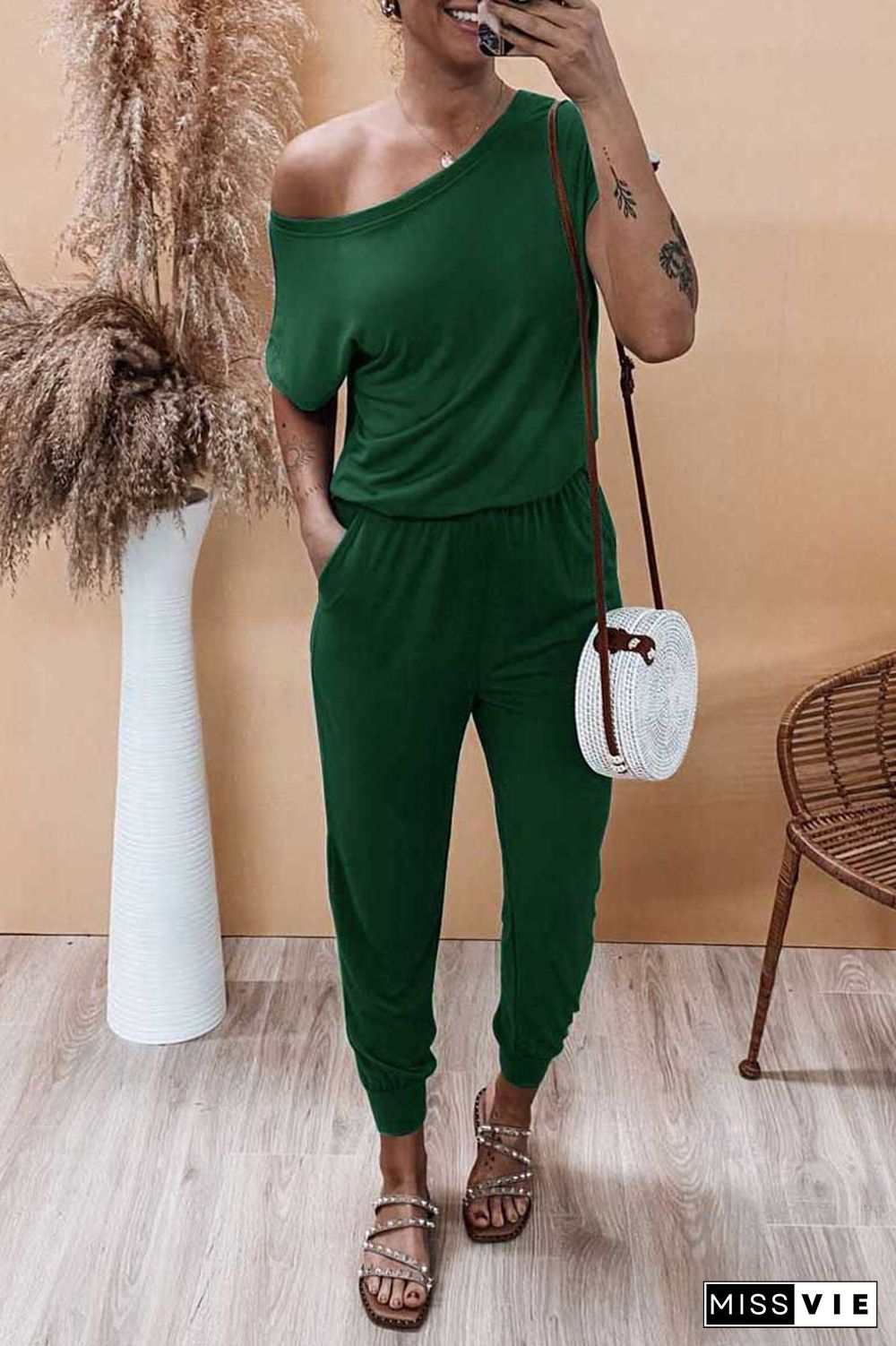 Solid Color Short Sleeve Pocket One Piece Jumpsuit