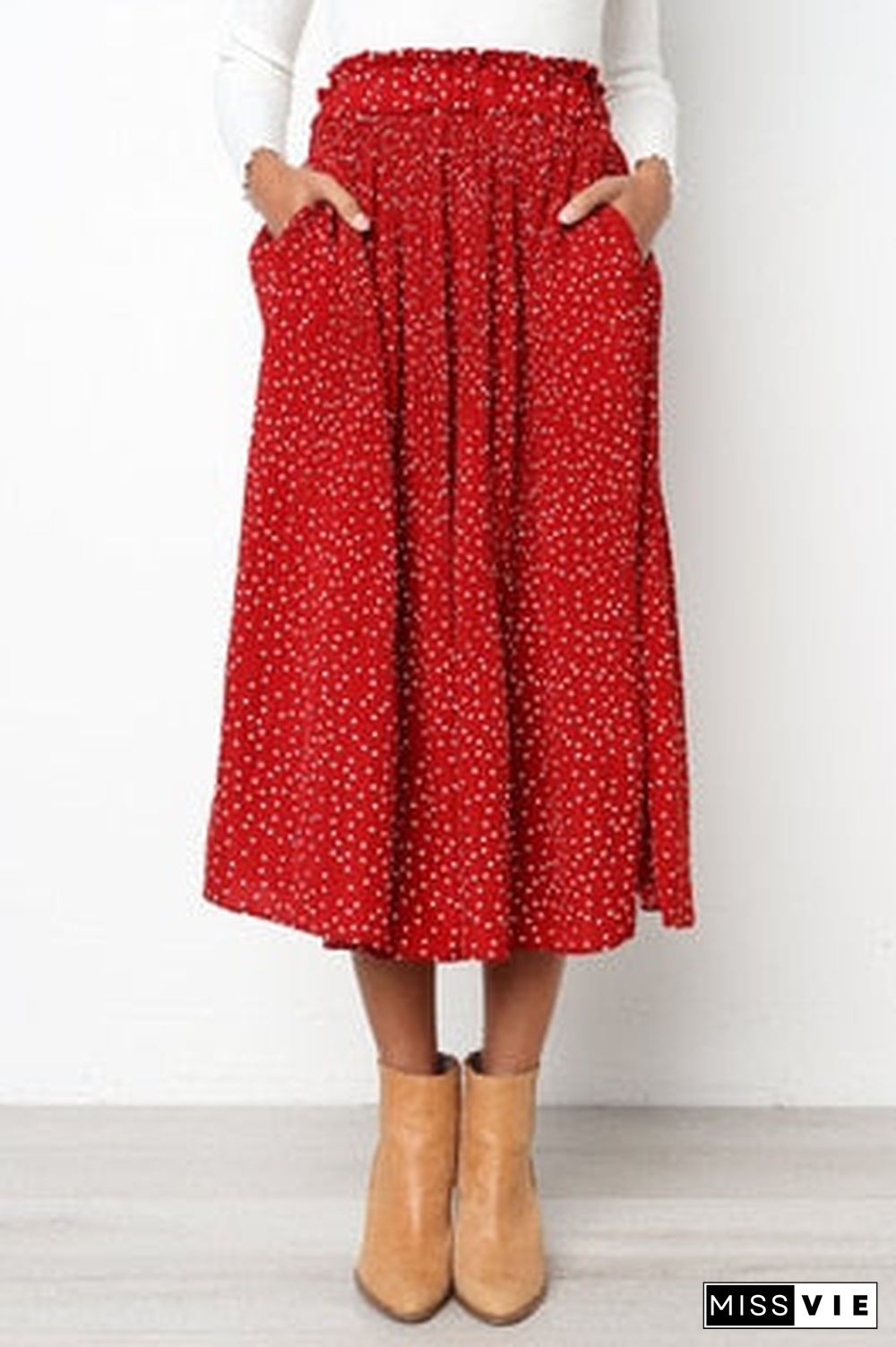 White Dots Floral Print Pleated Midi Skirt Women Elastic High Waist Side Pockets Skirts Summer Elegant Female Bottom