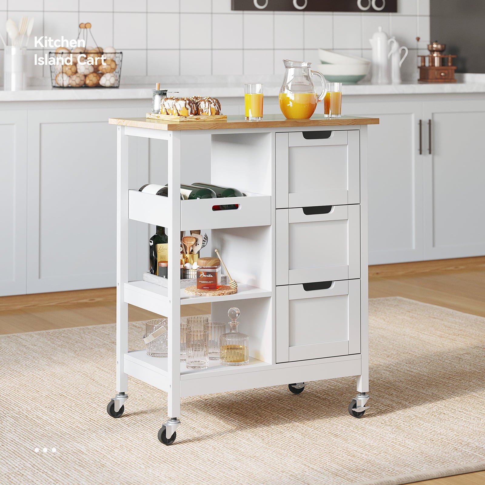 YITAHOME Mobile Rolling Kitchen Island Cart with Cabinet and Drawers and Towel Bar with 3 Drawers and 3 Storage Shelves， Solid Wood，White