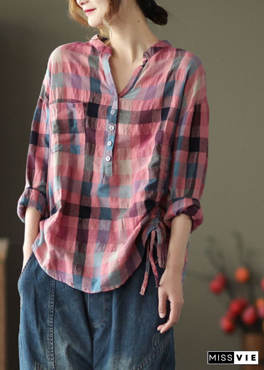 French Pink retro Plaid Button Fall Shirts Long sleeve