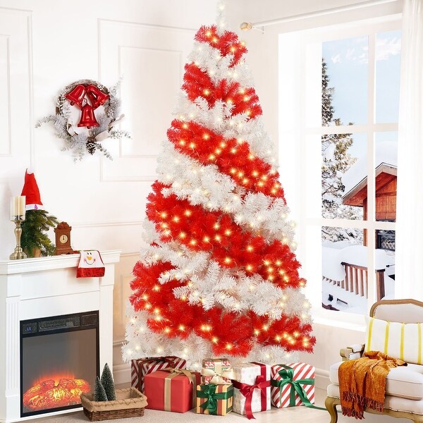 6ft Artificial Christmas Tree with 300 LED Lights and 900 Bendable Branches，Candy Cane Christmas Tree Holiday Decoration