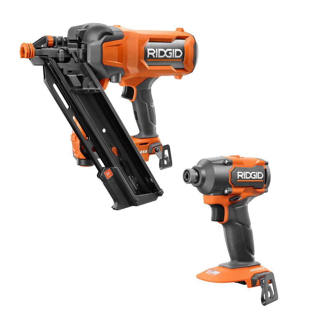 RIDGID 18V Brushless Cordless 30 3-12 in. Framing Nailer with Brushless 3-Speed 14 in. Impact Driver (Tools Only) R09895B-R862311B