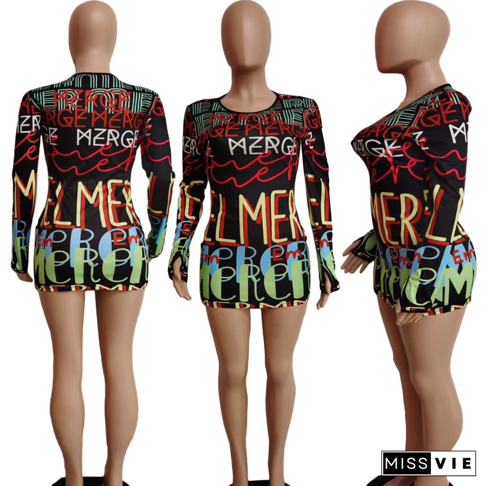 Tight Sexy Nightclub Colorful Printed Letter Long Sleeve Hip Wrap Dress