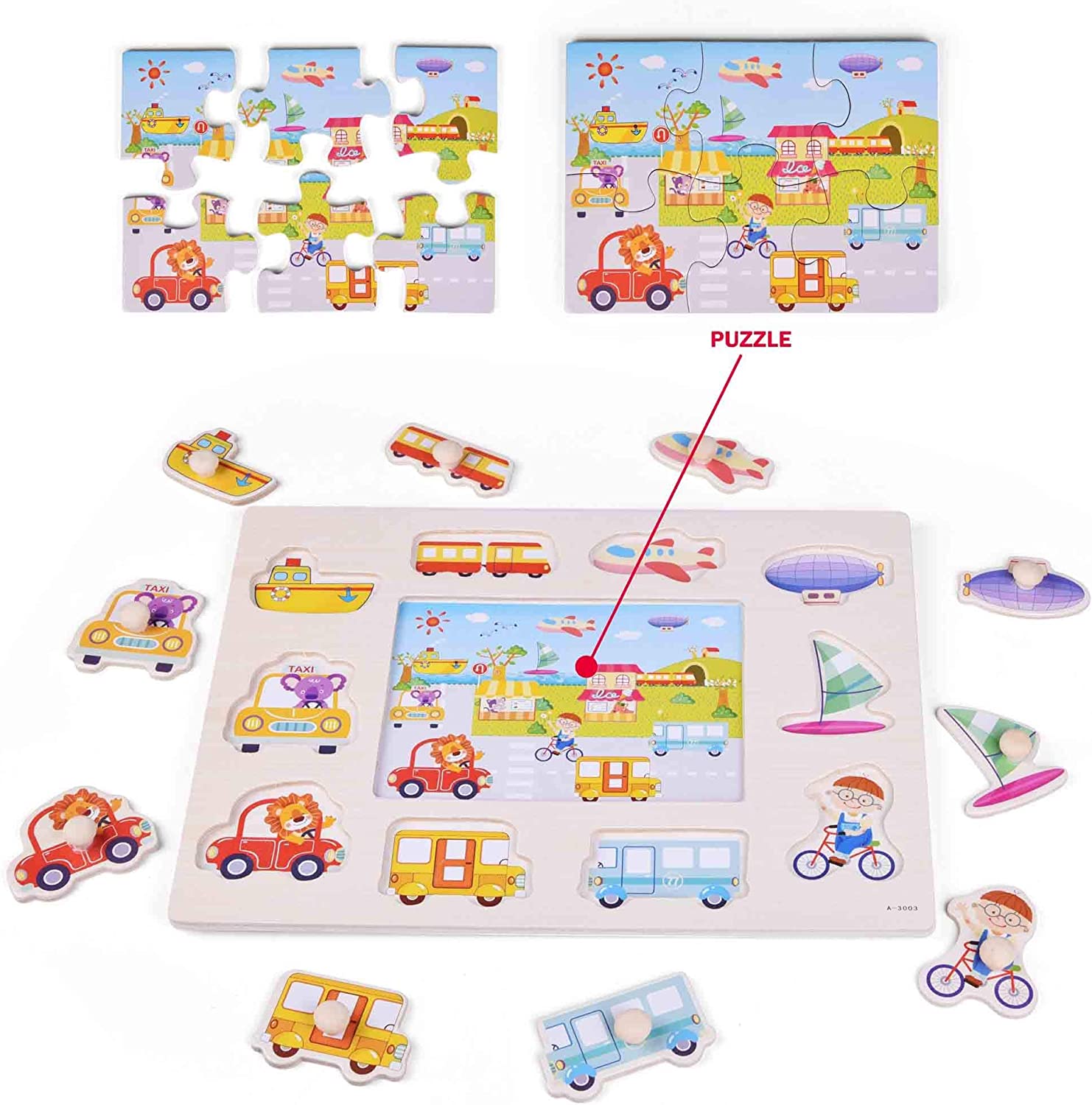 Fun Little Toys Wooden Peg Puzzles for Toddlers 2 3 Years Old，WOOD CITY Alphabet and Number Puzzles for Kids，5 Pcs Toddler Puzzles Set-Letters，Animals and Vehicles， Learning Toys Gift for Girls and Boys