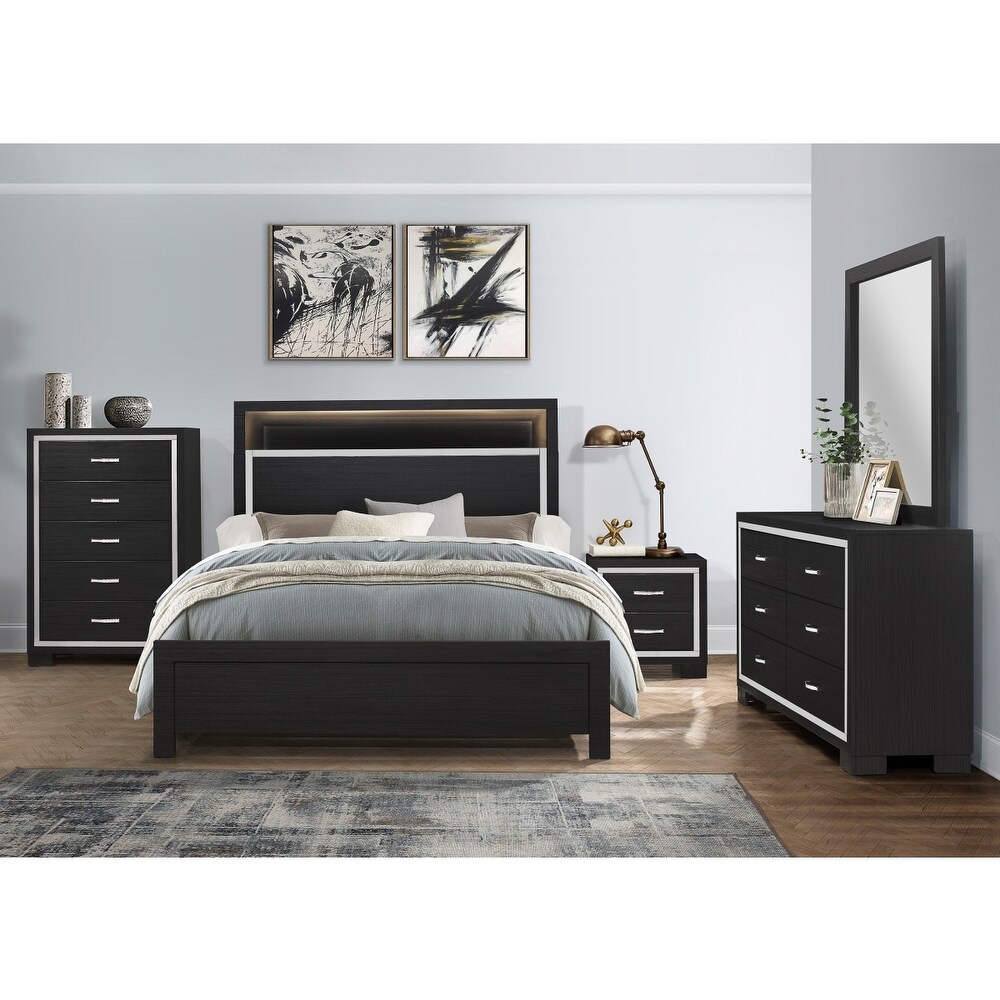 Trina 5 Piece Black Modern Bookcase Storage LED Panel Bedroom Set