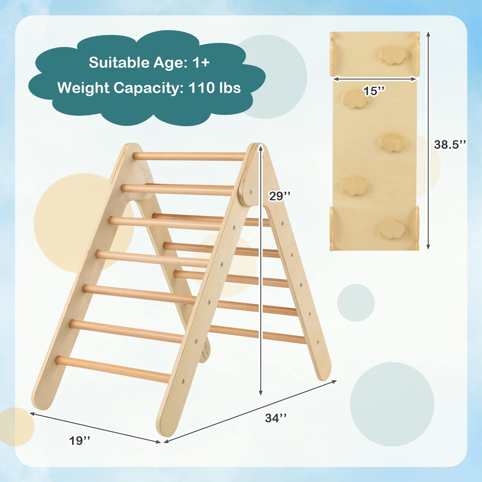 Costzon Wooden Climbing Toys for Toddlers, 3 in 1 Montessori Triangle Climber with Adjustable Angle Ramp for Climb & Slide