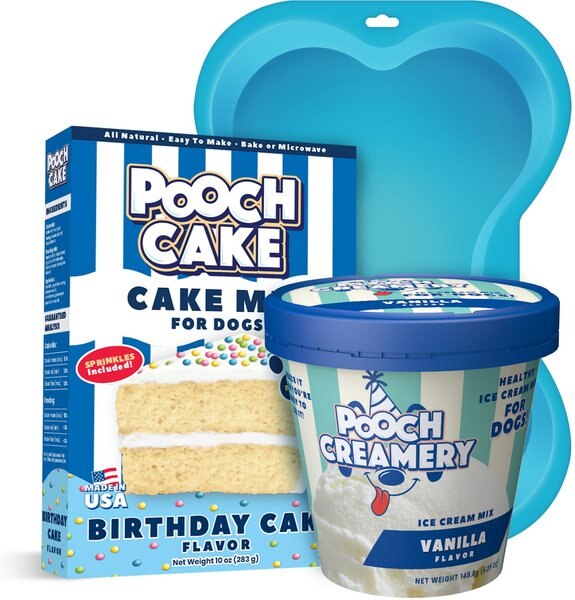 Pooch Cake Basic Starter Plus Birthday Cake Mix w/Cake Mold Kit and Pooch Creamery Vanilla Ice Cream Dog Treat， 10-oz box