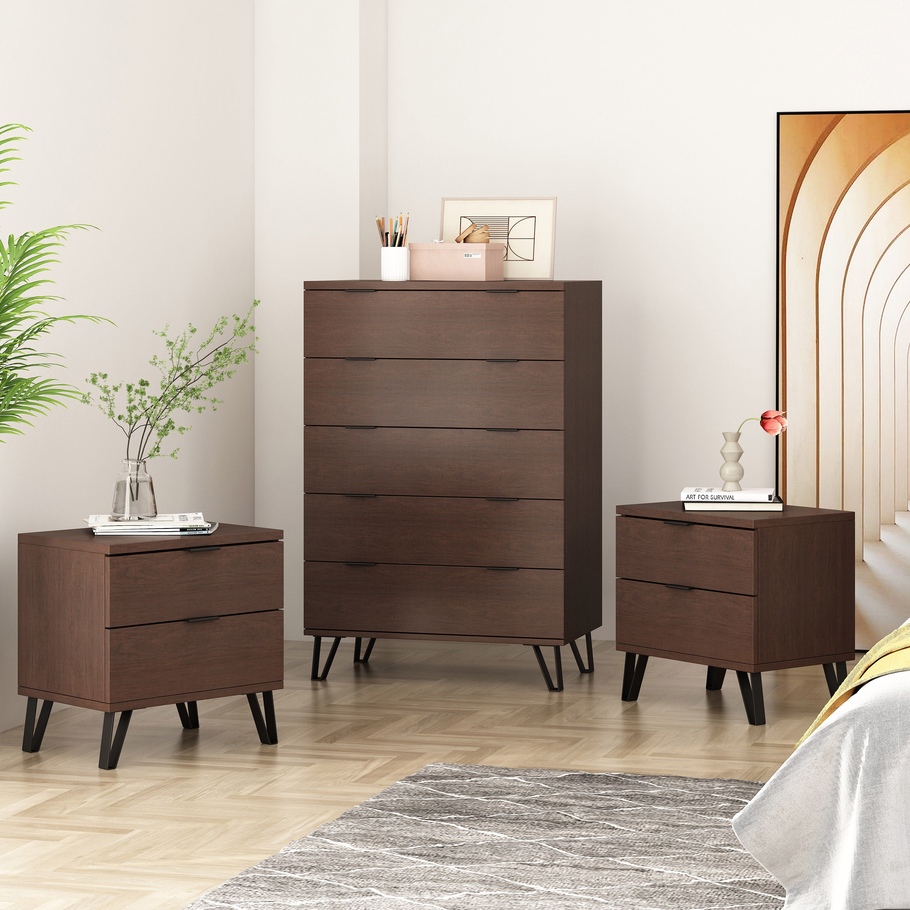 Demijen Modern Industrial 3 Piece Wide 5 Drawer Dresser and Nightstand Bedroom Set, Walnut and Matte Black