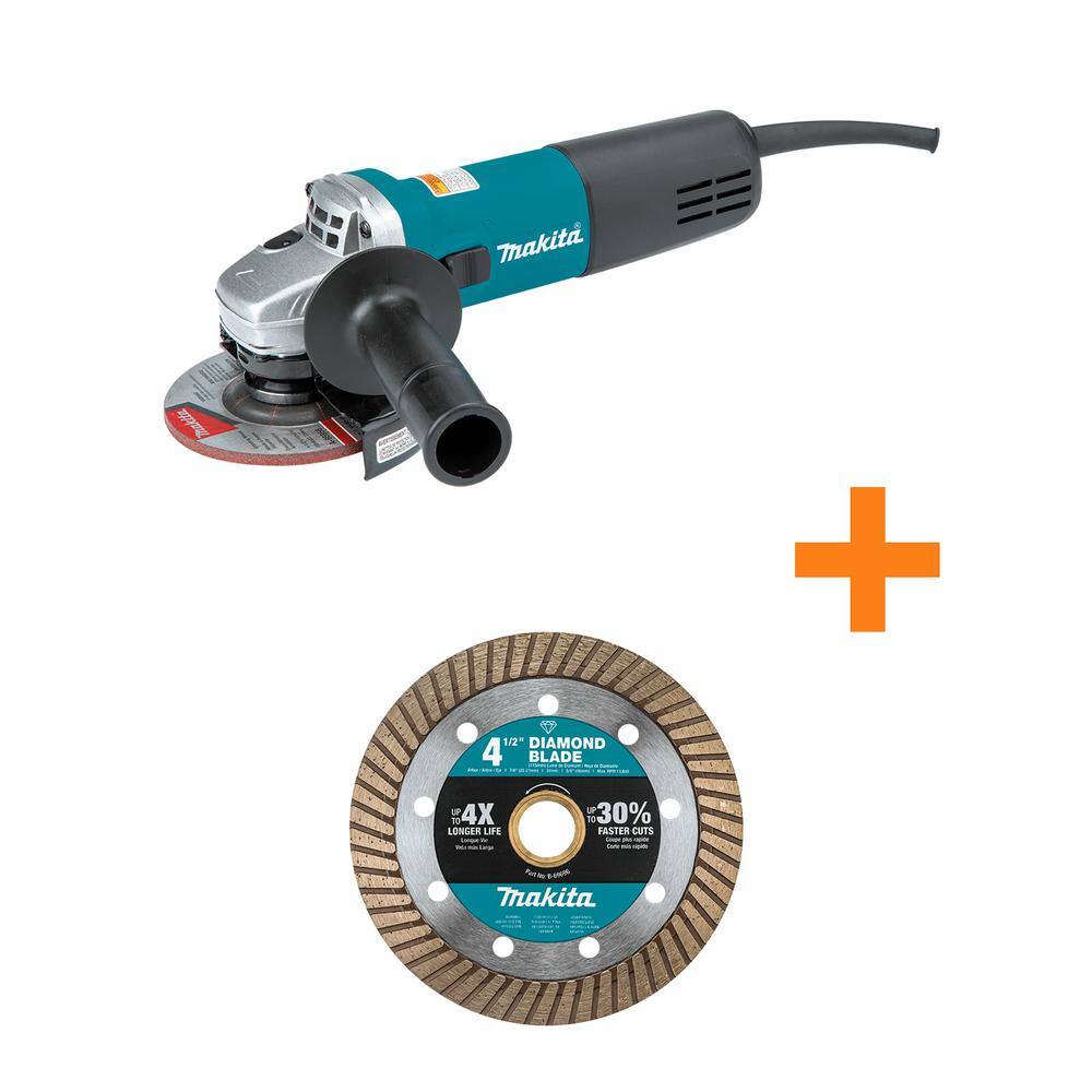 Makita 7.5 Amp Corded 4.5 in. Easy Wheel Change Compact Angle Grinder with bonus 4.5 in. Turbo Rim Diamond Blade 9557NB-B-69696