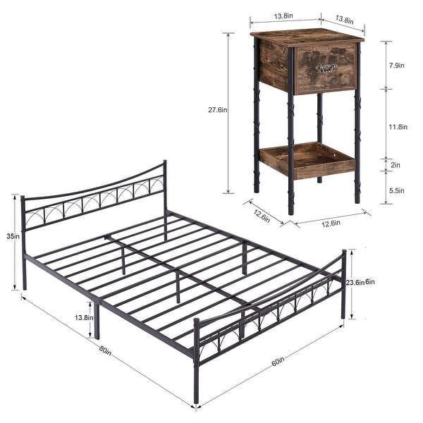 Taomika 3-pieces Bedroom Set，Black Platform Bed and Retro Nightstands Set of 2 - - 36146934