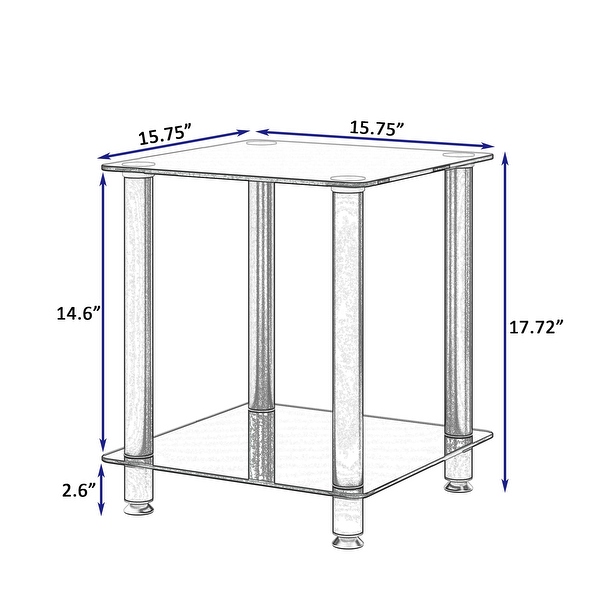 2-tiers Storage Shelf End Table Modern Rectangle Side Table with Metal Tube Legs Sofa Table with Tempered Glass Tabletop