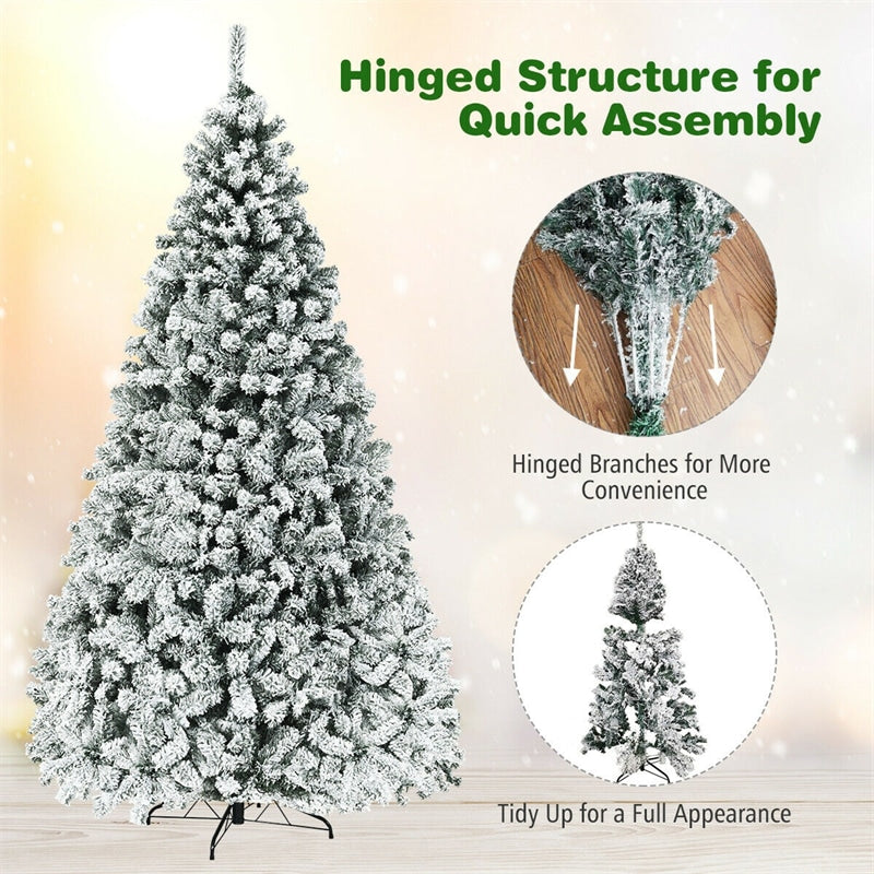 6/7.5/9FT Pre-Lit Hinged Artificial Christmas Tree, Premium PVC Snow Flocked Pine Tree with Metal Stand