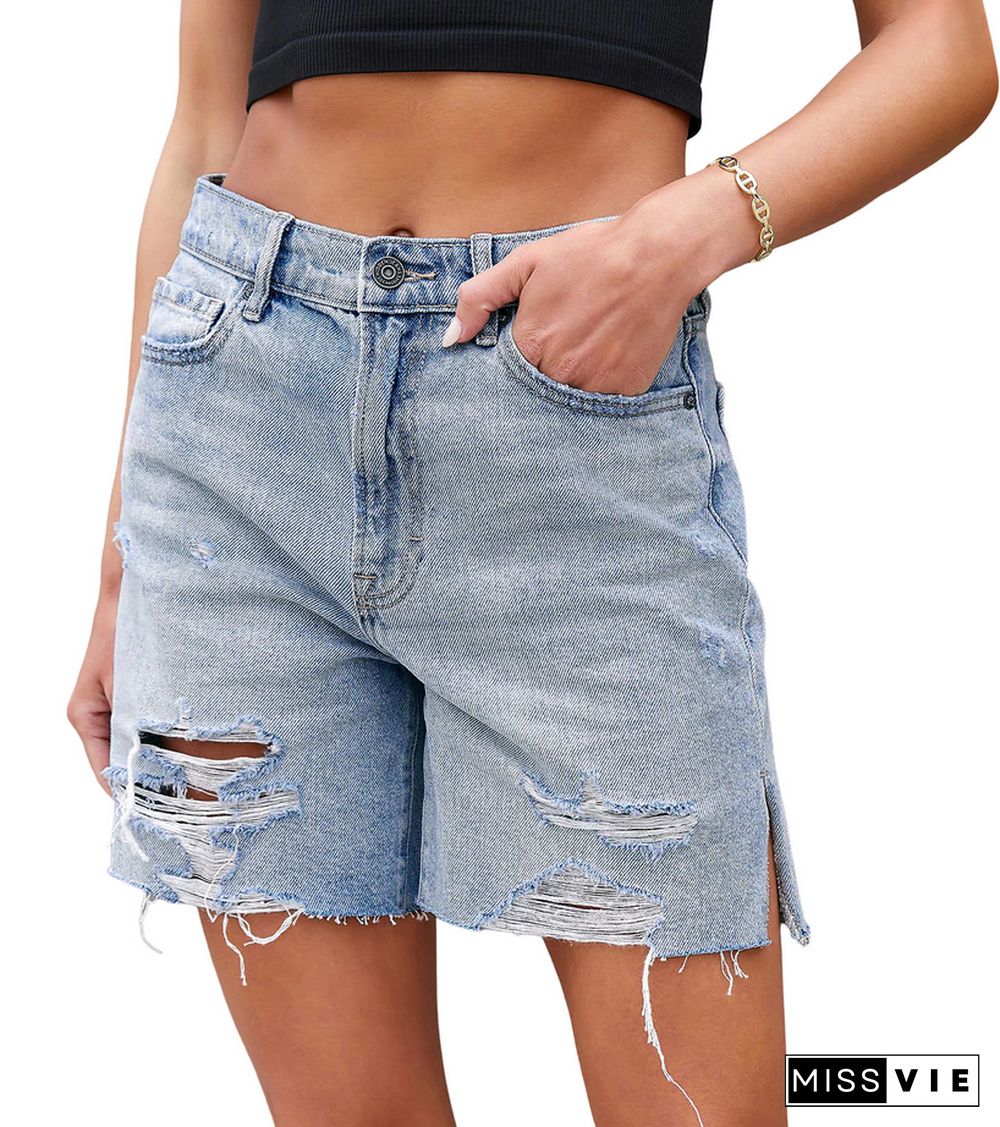 DIstressed High Waist Ripped Denim Shorts