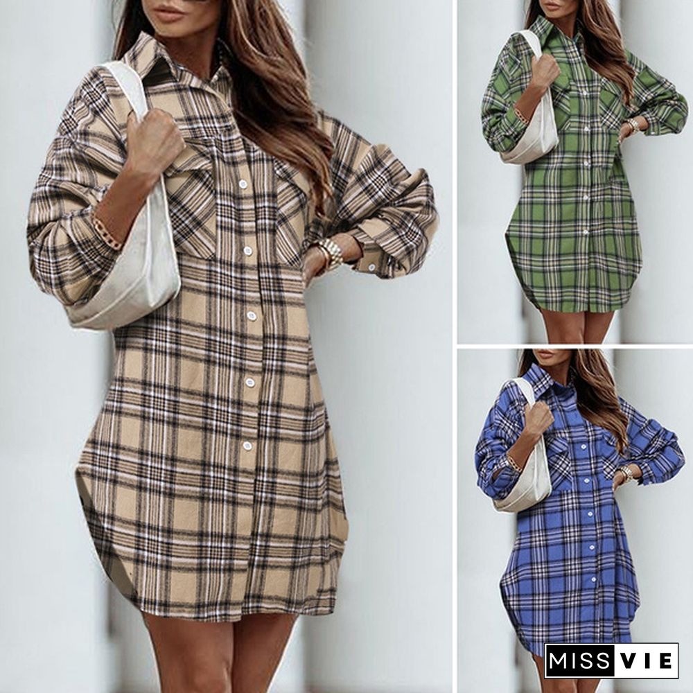 Women Plaid Long Shirt Dress Lapel Collar Long Sleeve Pockets Casual Loose Blouse Plus Size Tops