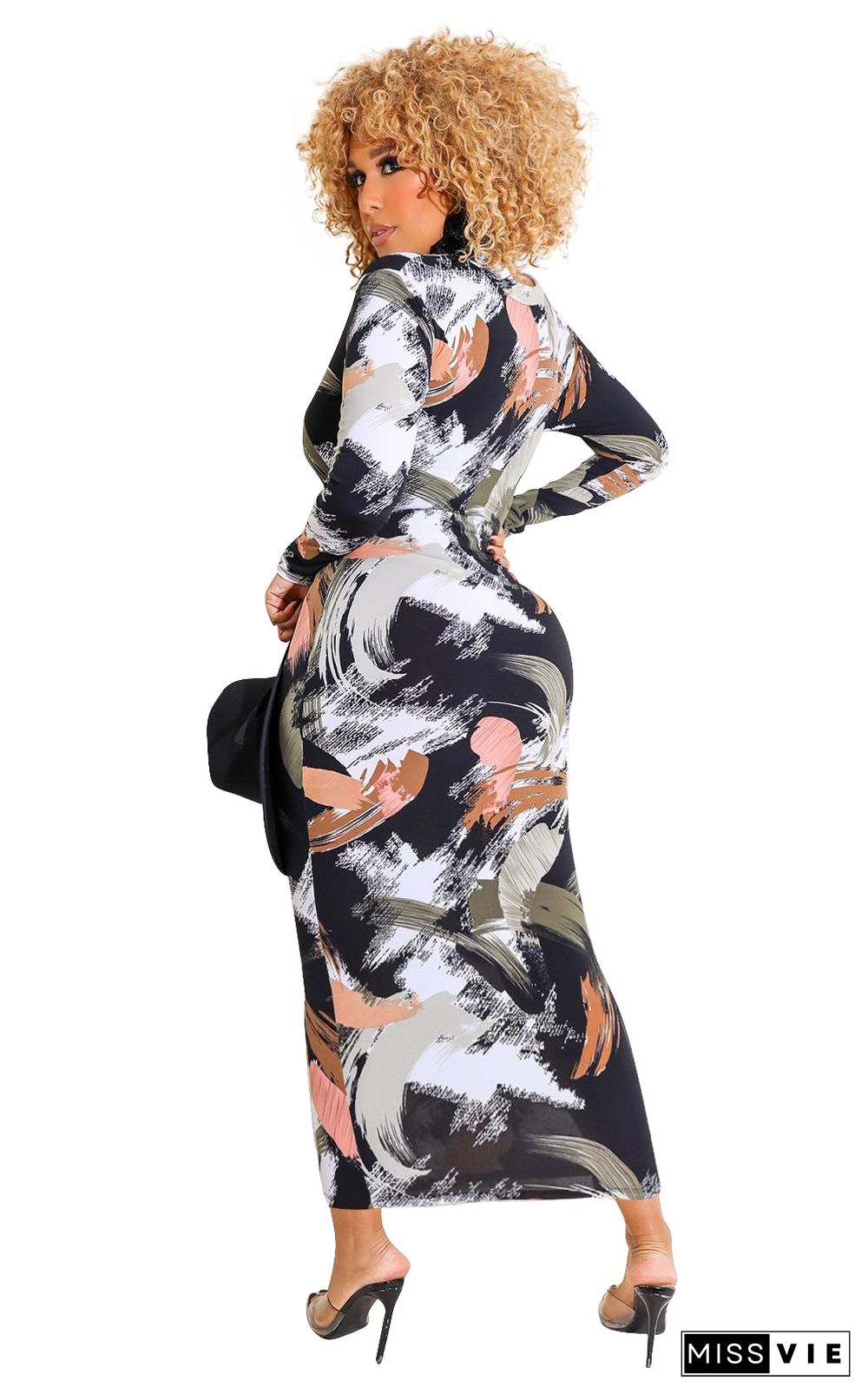 Graffiti Printing Zipper Long Sleeve Bodycon Dress