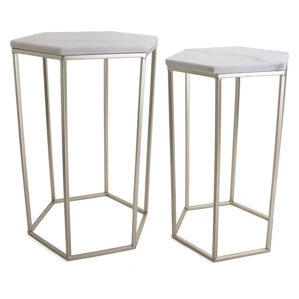 Hexagon End Table Set - End Tables with Mirrored Tops - Nesting Geometric Accent Tables - as picture