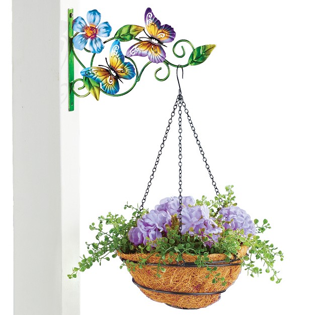 Collections Etc Floral Butterfly Wall Bracket With Hanging Basket Planter 8 X 8 X 16