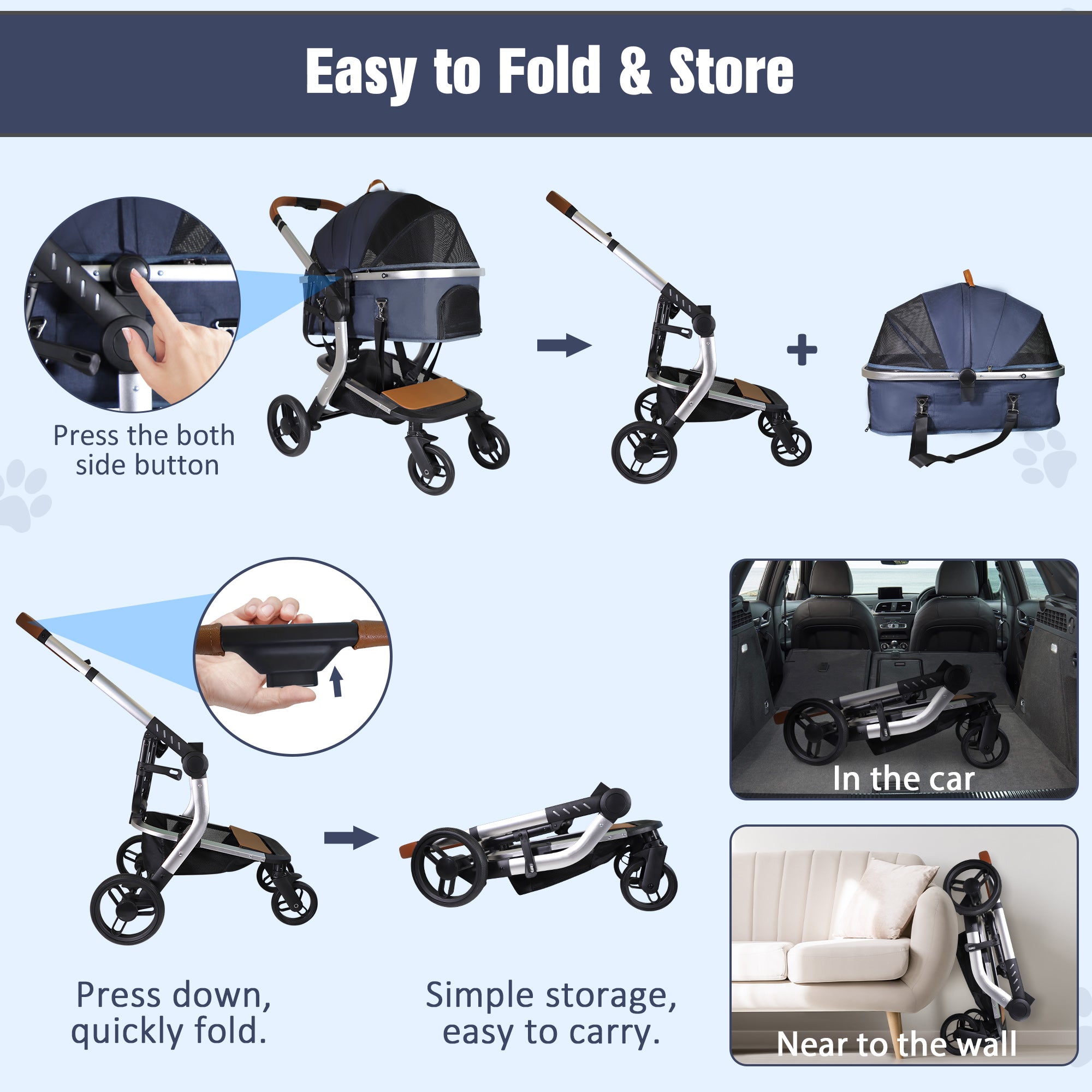 3 in 1 Multifunction Pet Stroller for Small Medium Dogs and Cats， Dog Stroller with Detachable Carrier and Cup Holder，4 Wheels Travel Foldable Aluminum Alloy Frame Up to 33 lbs，Blue