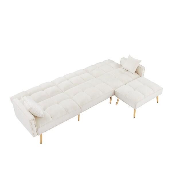 White Velvet Upholstered Reversible Sectional Sofa Bed ， L-Shaped Couch with Movable Ottoman