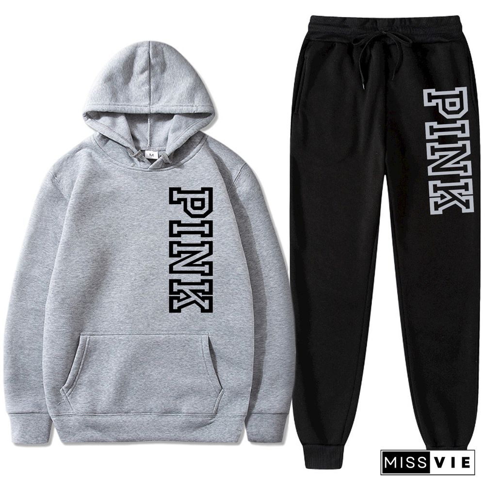 PINK Letter Pocket Hoodies Sweatpants Tracksuit