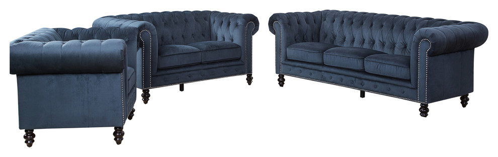 Central Chesterfield Sofa  Love Seat and Armchair Set  Blue   Traditional   Living Room Furniture Sets   by Abbyson Living  Houzz