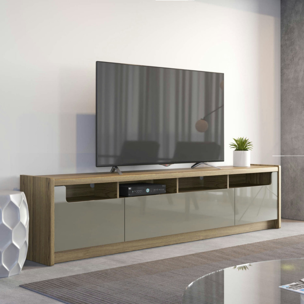 Munoz 87.12 quotTV Stand with 3 Compartments and Media Shelves in Grey Gloss   Transitional   Entertainment Centers And Tv Stands   by Homesquare  Houzz