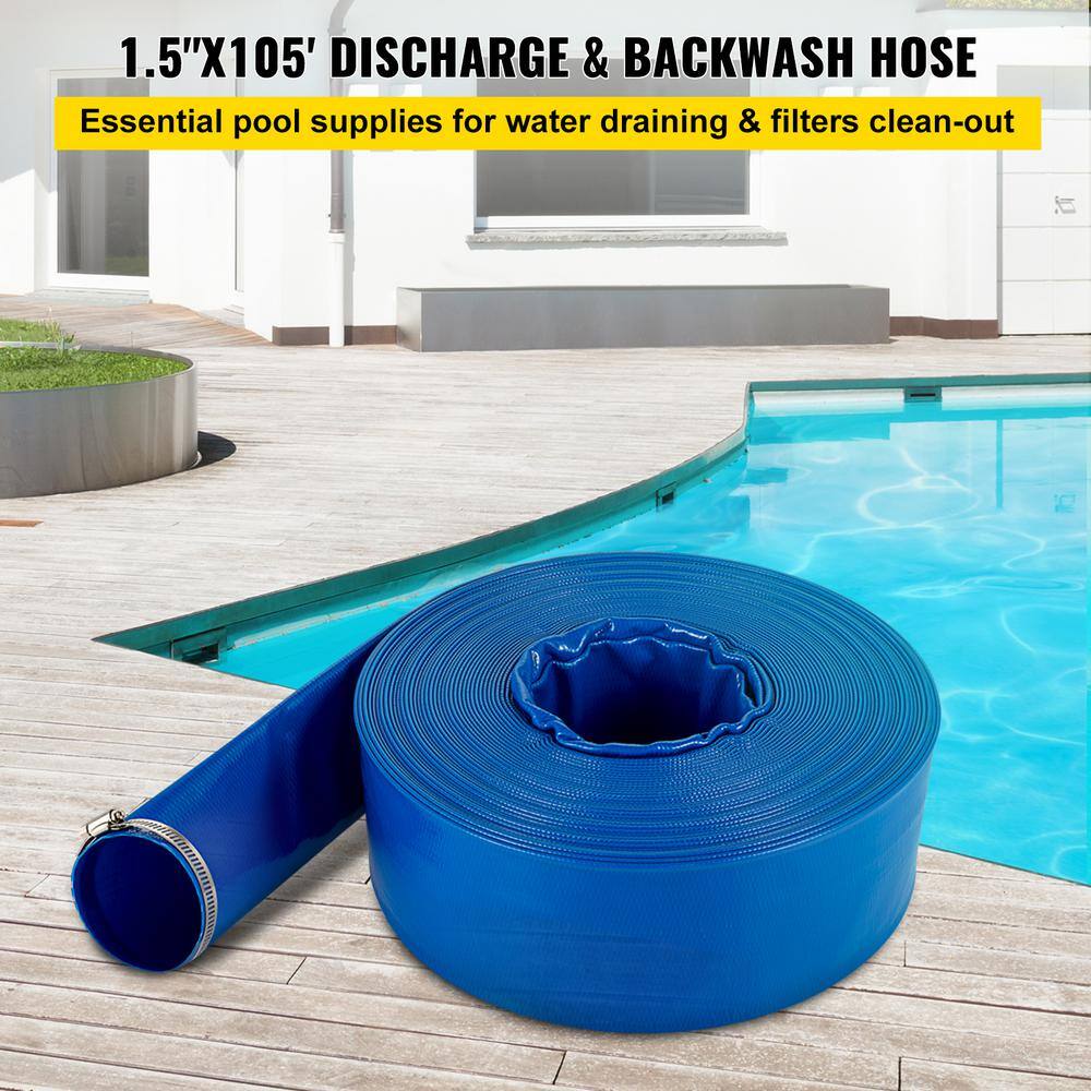 VEVOR Discharge Hose 1-12 in. Dia x 105 ft. PVC Fabric Lay Flat Hose with Clamps Heavy Duty Backwash Drain Hose Burst-Proof YCFCXR1.5X1001SMXV0