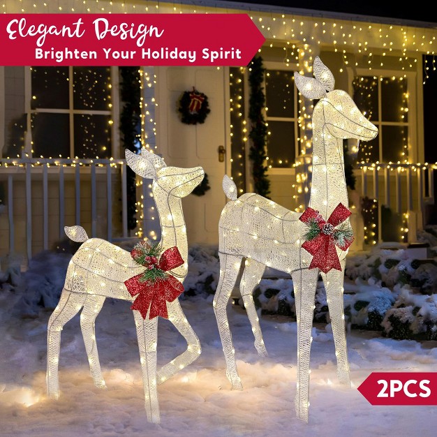 Joiedomi 2 Pcs 210 Led Lighted Tinsel Doe And Fawn Led Yard Lights Christmas Outdoor Warm White Reindeer