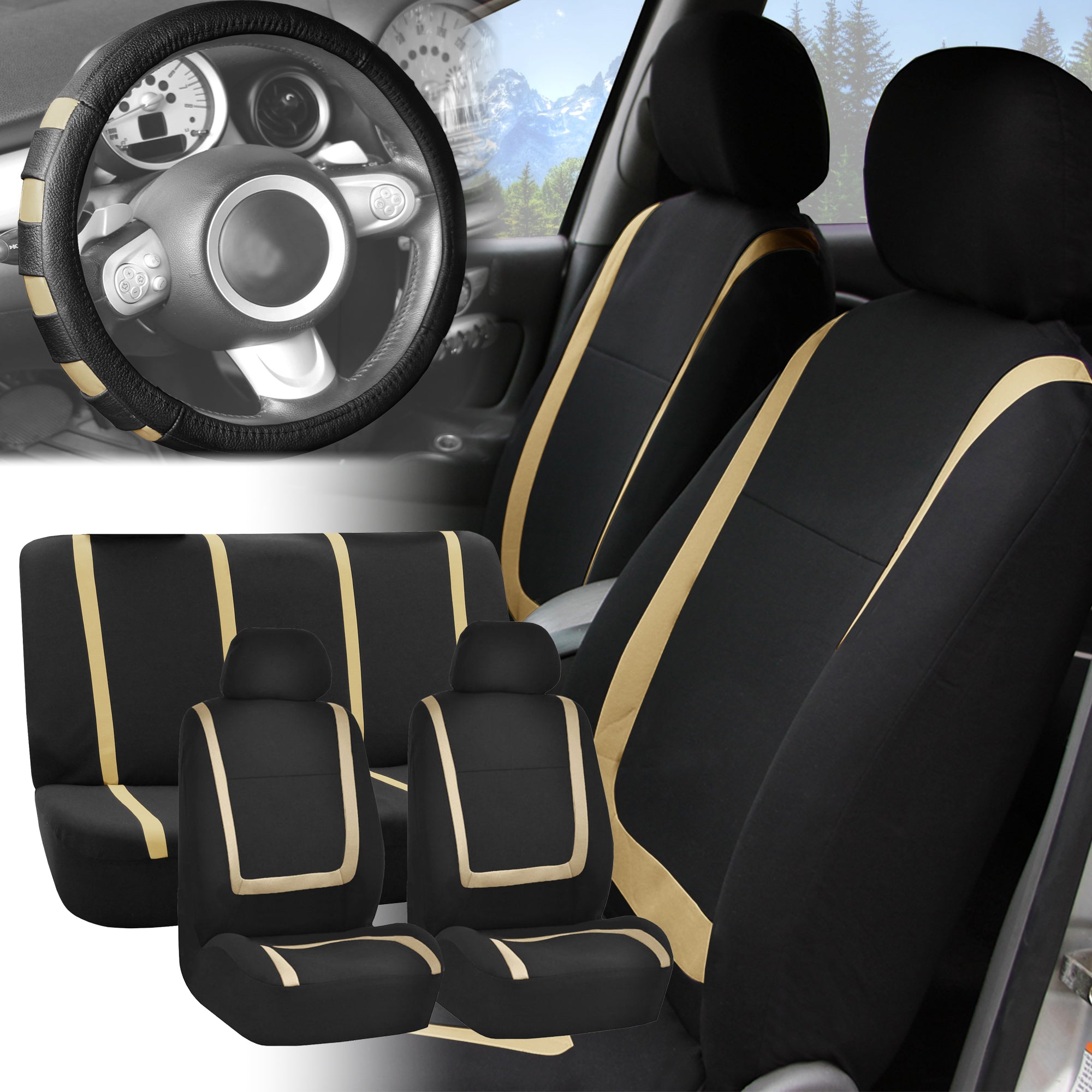 FH Group Car Seat Covers Beige Black Full Set for Auto w/Beige Leather Steering Cover