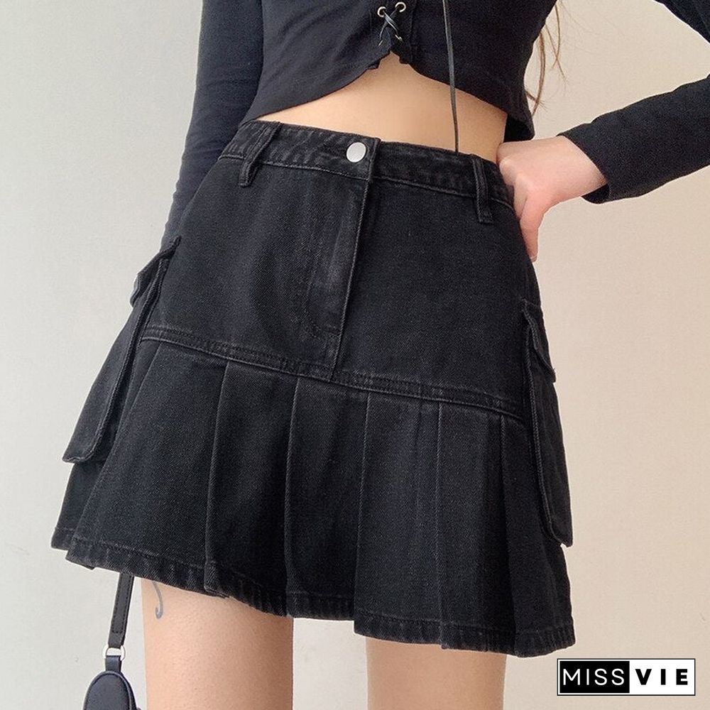 Weekeep Black Pleated Skirts Women Denim Skirt New Aesthetic Streetwear Ruffle Mini Sexy Skirts Harajuku Elegant Bottom 90S