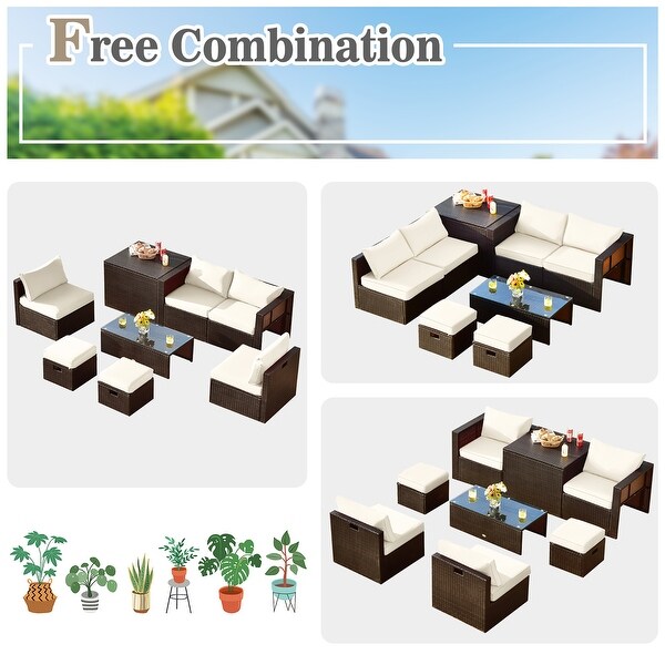 Costway 8PCS Patio Rattan Furniture Set SpaceSaving Storage Cushion