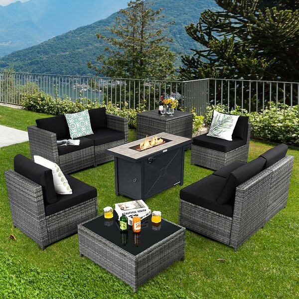 Gymax 9 PCS Patio Rattan Furniture Set Fire Pit Table Storage Black W/