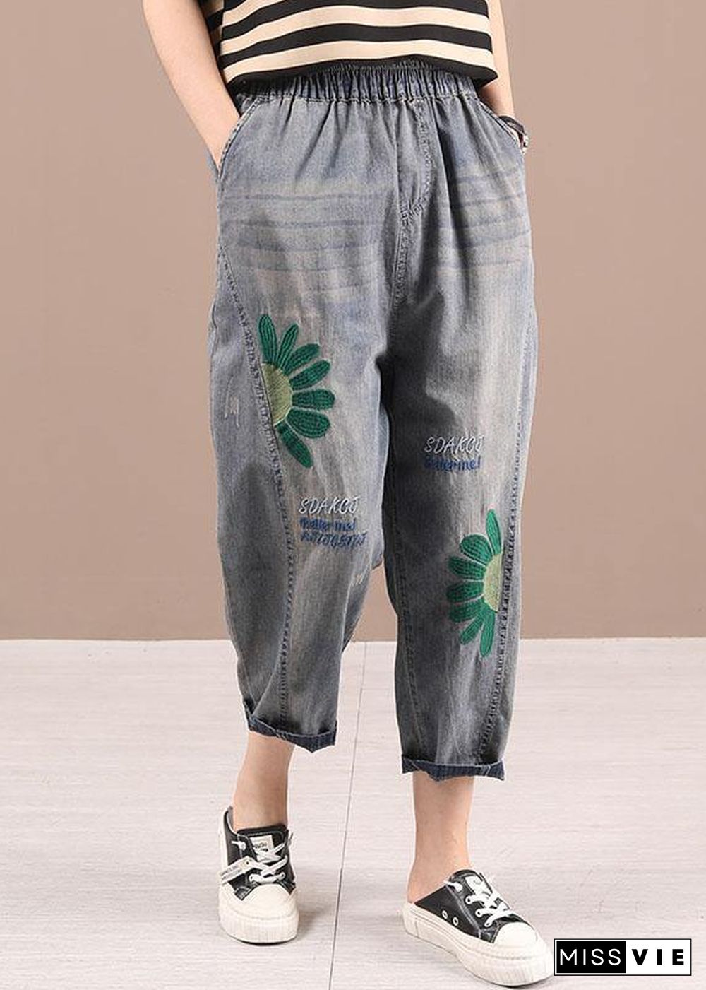 Organic Blue Embroideried Summer Regular Denim Pants