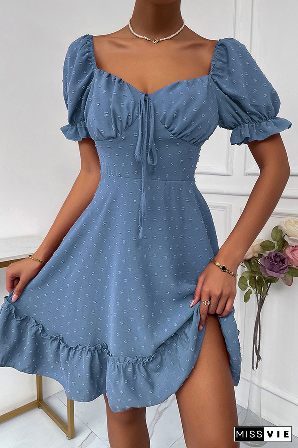 Solid Polka Dot Ruffle Short Sleeve Dress Wholesale