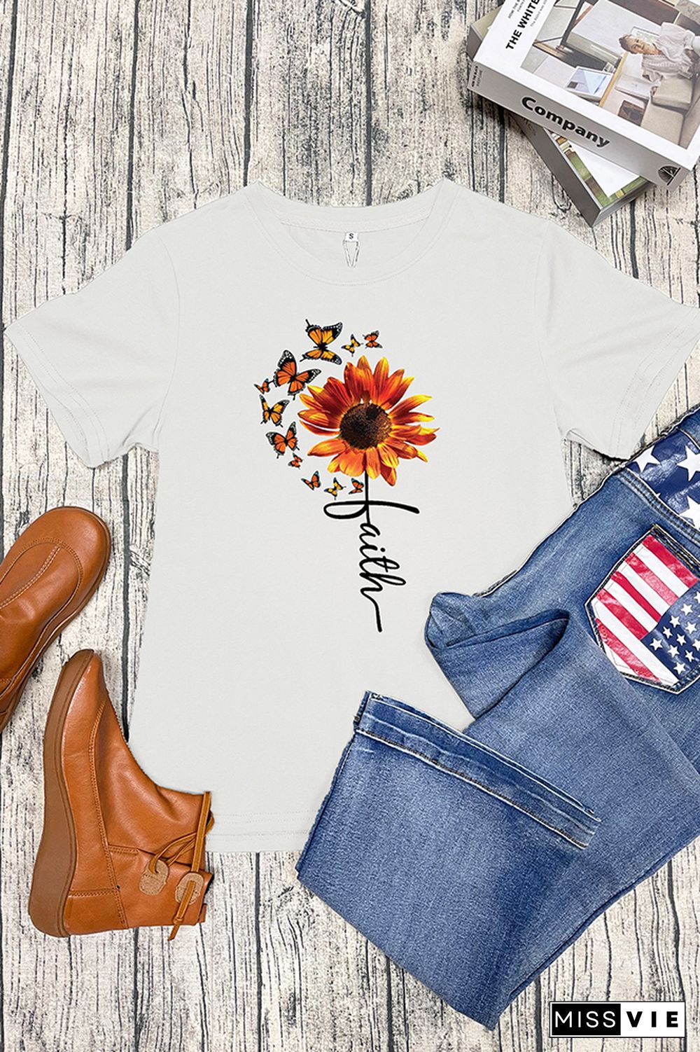 Sunflower and Butterflies Short Sleeve Graphic Tee Wholesale