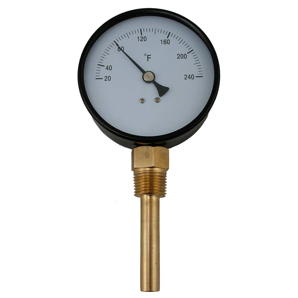 JONES STEPHENS Bi-Metal Dial Thermometer Straight Outlet with Brass Well with 2-38 in. Stem and 12 in. NPT (20 to 240F) J40562