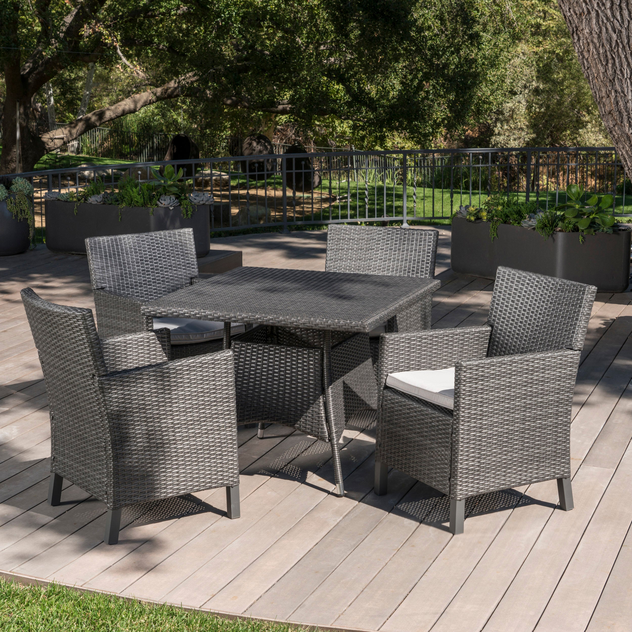 Cyril Outdoor 5 Piece Wicker Square Dining Set with Water Resistant Cushions