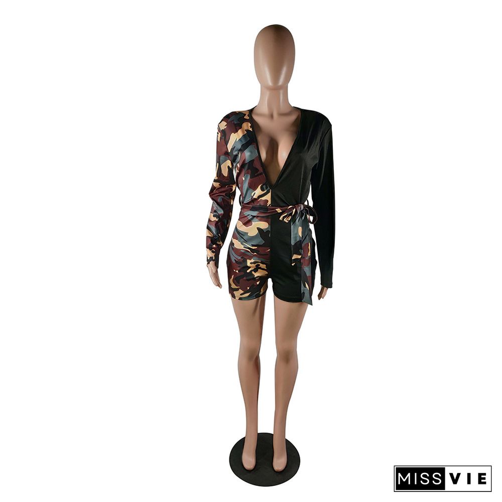 Sexy Deep V Camouflage Print Skinny Rompers