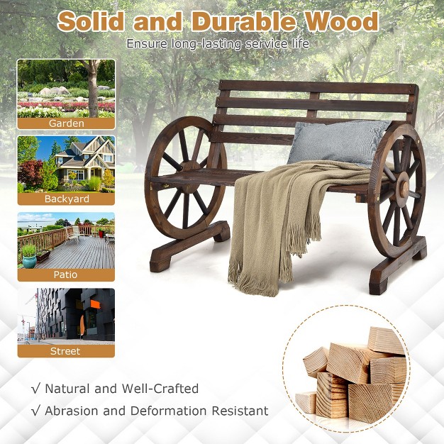 Costway Outdoor Wooden Wagon Wheel Garden Bench 2 person Slatted Seat Armrests Rustic