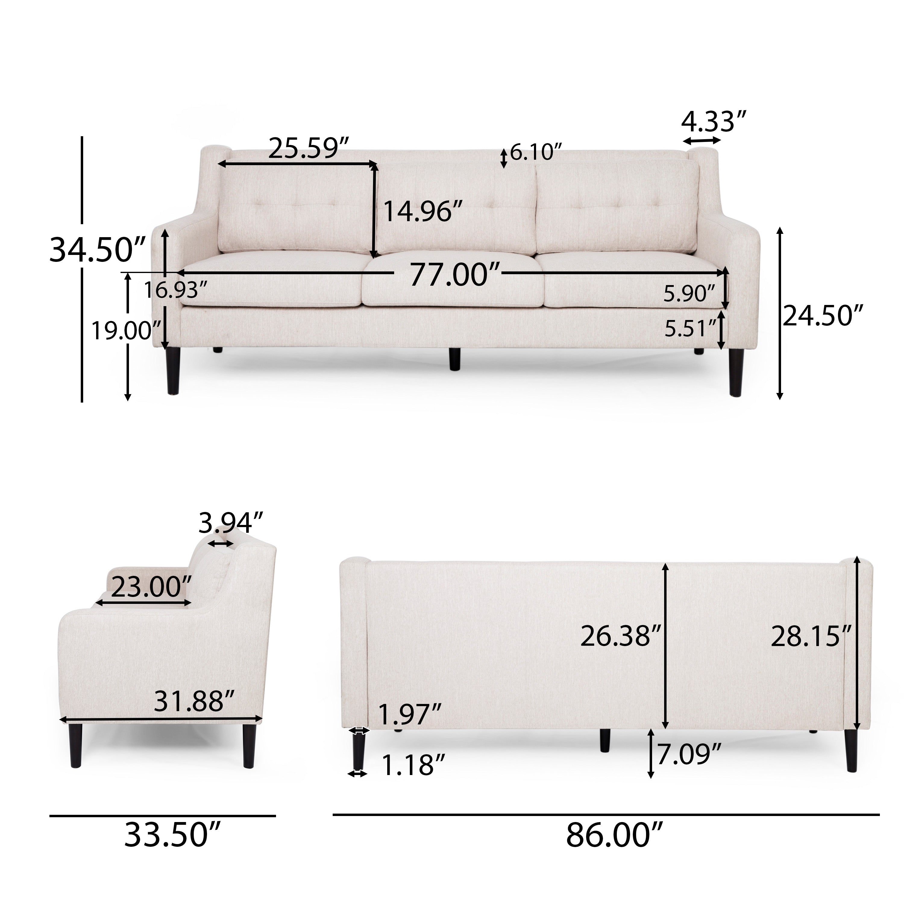 Daelynn Tufted Fabric 3 Seater Sofa