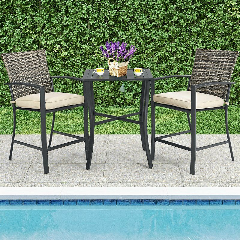 3 Pieces Patio Rattan Bar Furniture Set with Slat Table and 2 Cushioned Stools-Grey