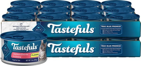 Blue Buffalo Tastefuls Salmon Entrée in Gravy Flaked Wet Cat Food， 3-oz can， case of 24