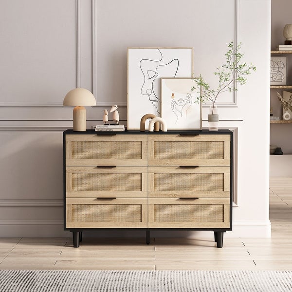 6 Drawer Dresser for Bedroom， Modern Rattan Closet Dressers Chest of Drawers， Wood Storage Cabinets Corner Bedside Table - - 37851519