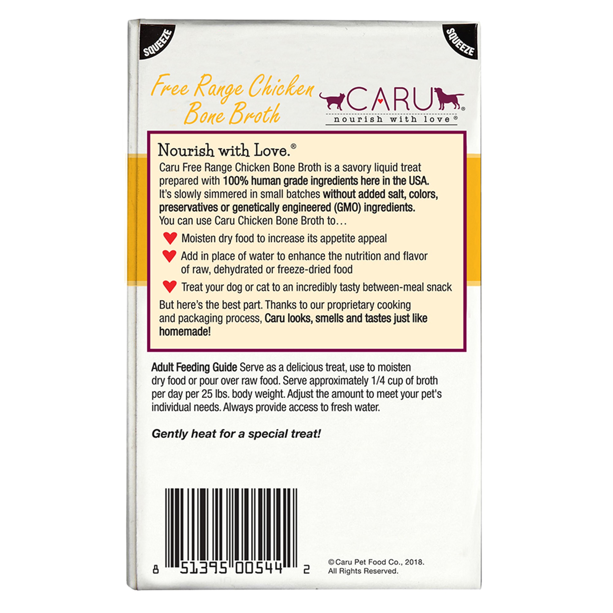 CARU Free Range Chicken Bone Broth Natural Liquid Treat for Dogs and Cats， 1.1 lbs.