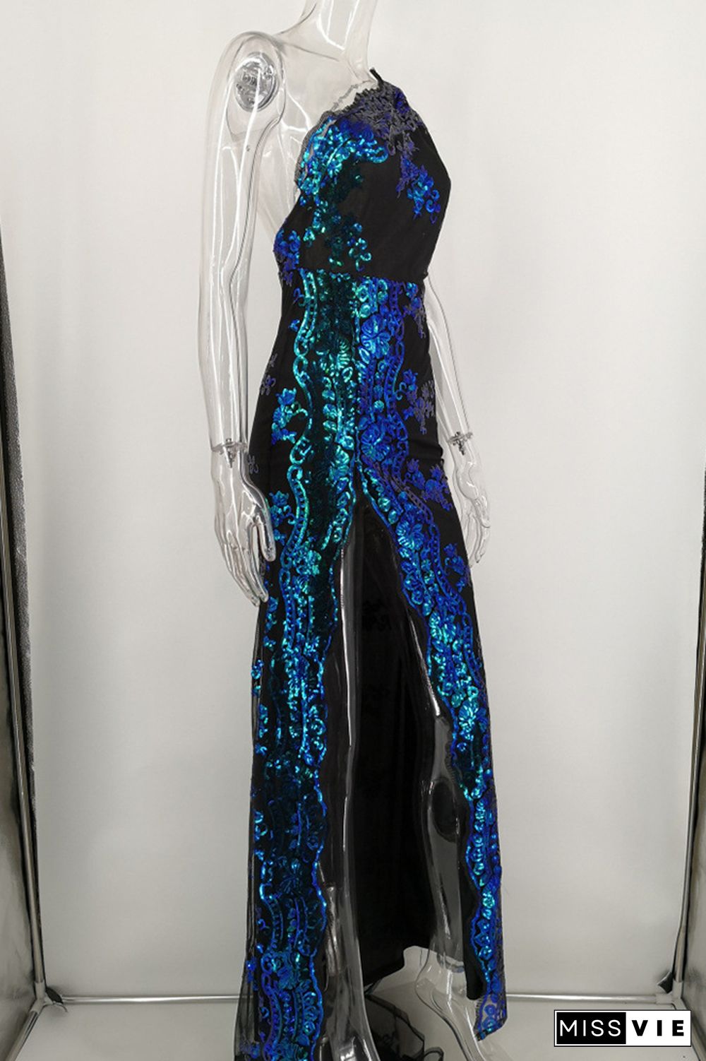 High Split One Shoulder Sequin Maxi Dress Wholesale