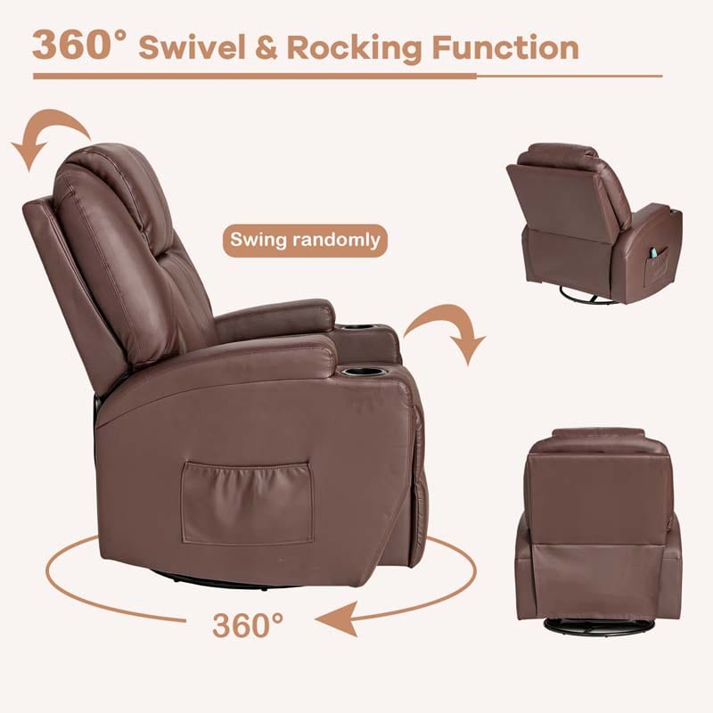 Leather Massage Recliner Chair 360 Degree Swivel Glider Rocker with Lumbar Heating & Remote Control