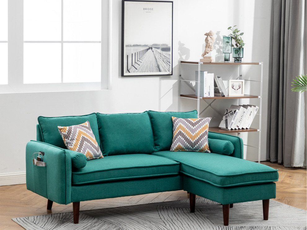 Mia Green Linen Fabric Sectional Sofa Chaise With USB Charger  ampPillows   Midcentury   Sectional Sofas   by Lilola Home  Houzz