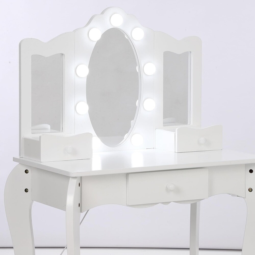 Girls Vanity Table with Tri Folding Mirror  Light Stool   Drawer