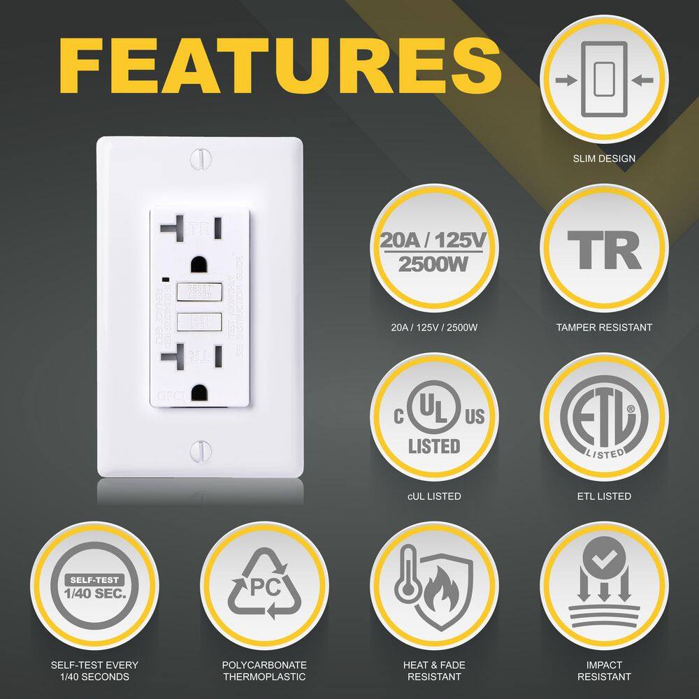 Faith 20-Amp 125-Volt GFCI Duplex Tamper Resistant Outlet GFI Receptacle with Indicator Light and Wall Plate White (10-Pack) GLS-20ATR-WH-10