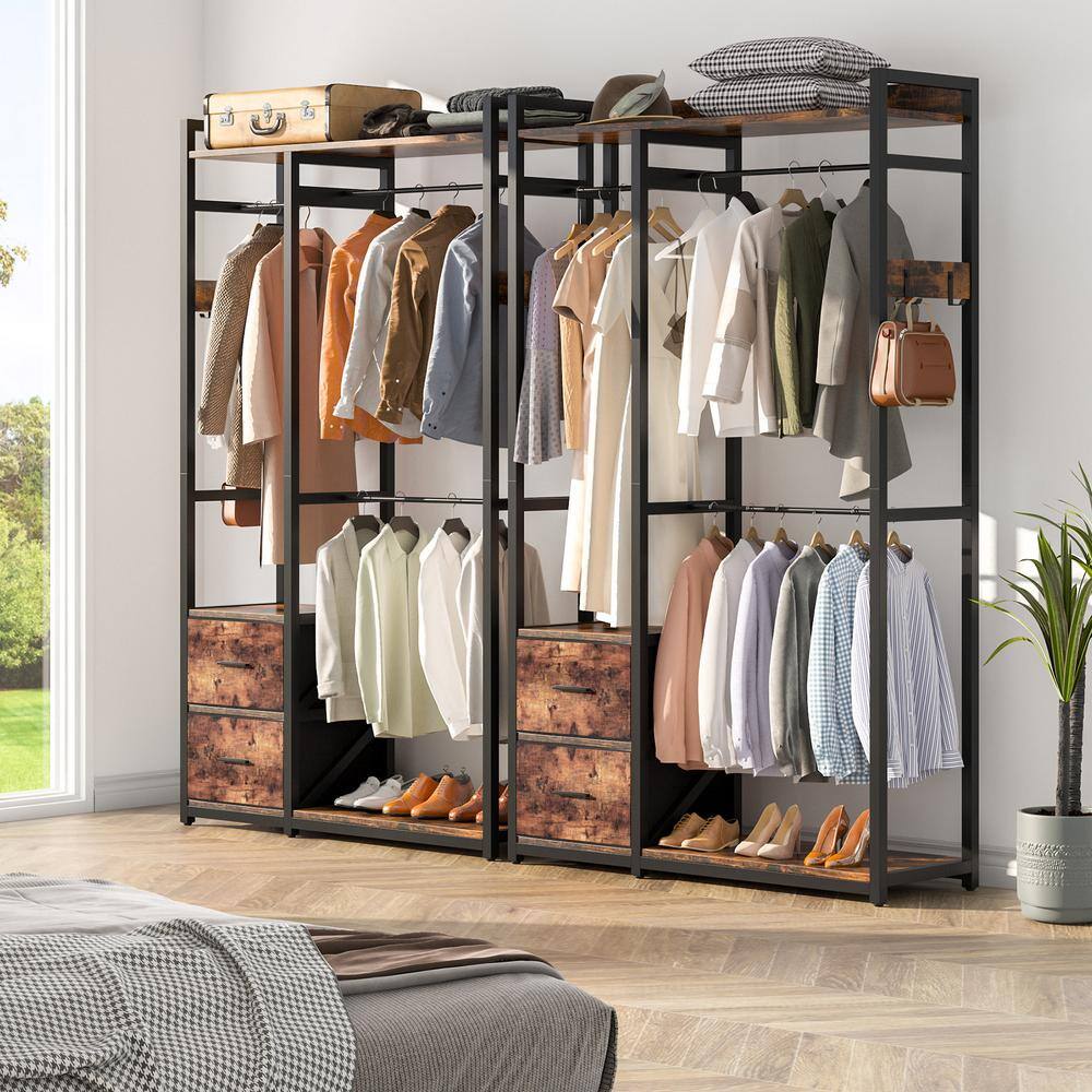 BYBLIGHT Carmalita Brown Garment Rack with 2 Fabric Drawers Freestanding Closet Organizer with Shelves and 3 Hanging Rods BB-C0621GX